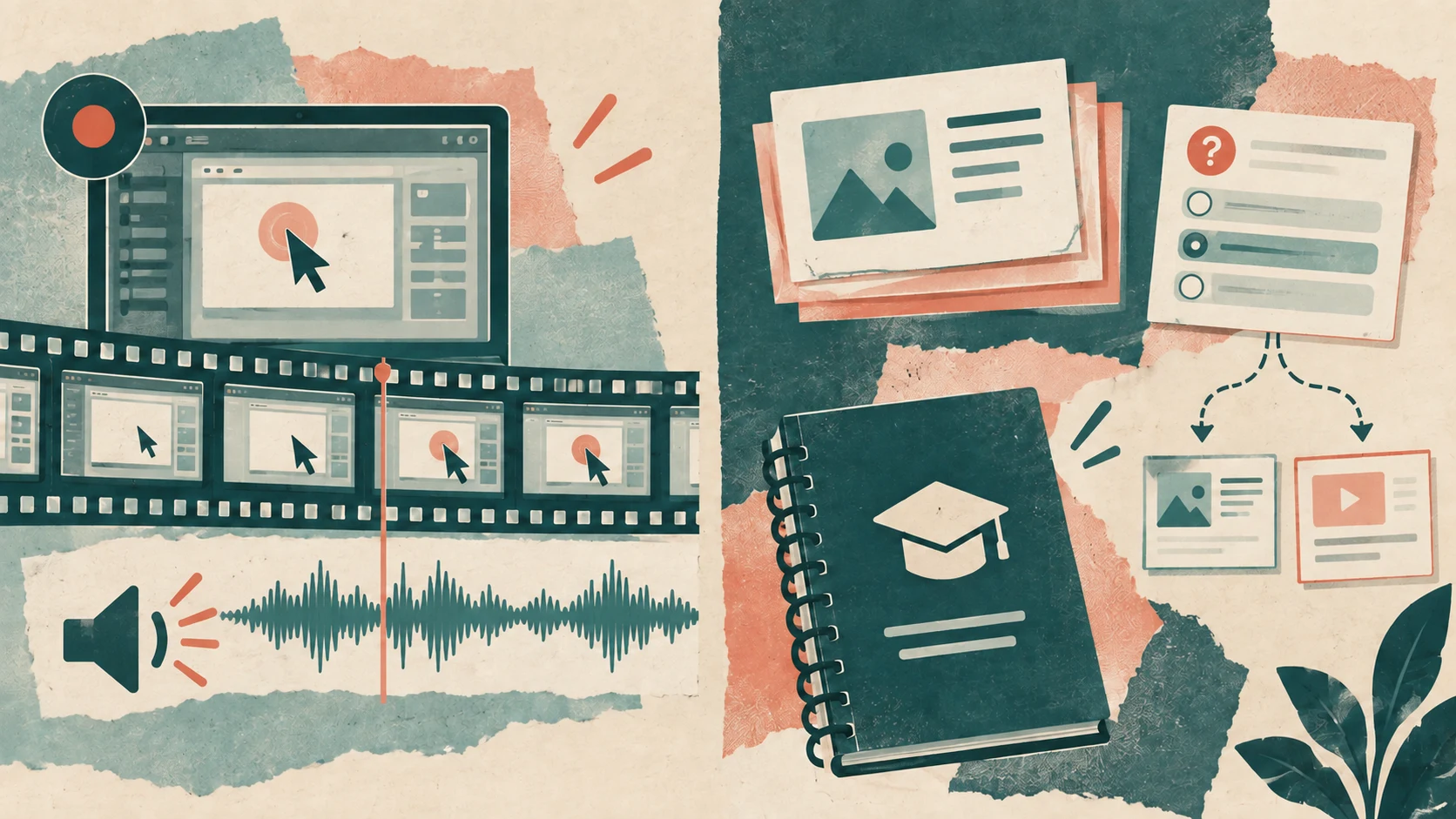 Conceptual illustration: a narrated screen recording on one side, slides, quizzes and branching course content on the other