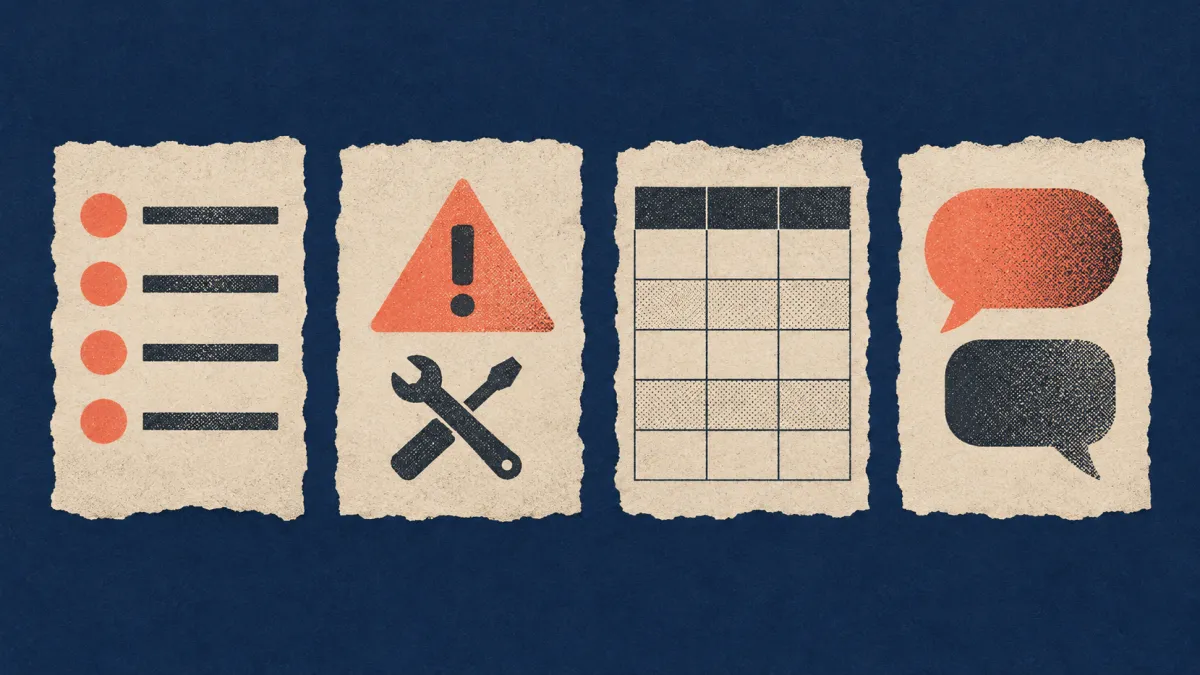 Four paper cards for the four article formats: numbered steps, a warning with tools, a table grid and question bubbles