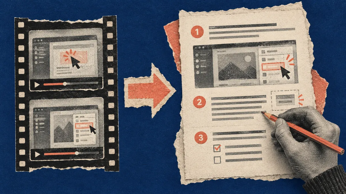 A screen recording filmstrip turning into a numbered written guide that a person edits by hand