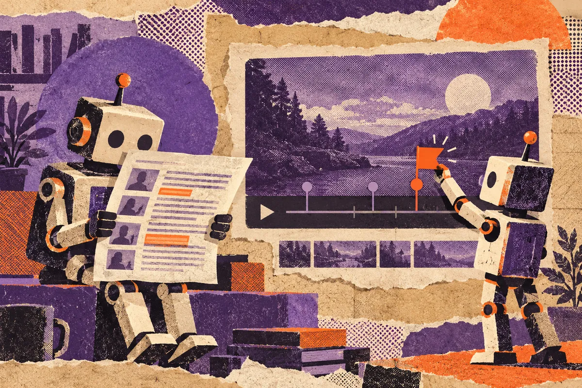 A paper robot reading a video's transcript card while a second robot pins a comment flag on a timeline