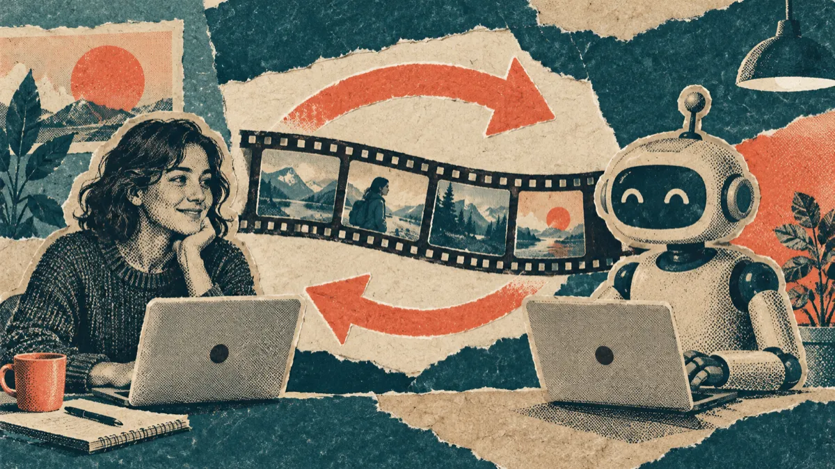 Riso collage of two arrows looping between a person at a laptop and a robot at a laptop, with a film strip between them