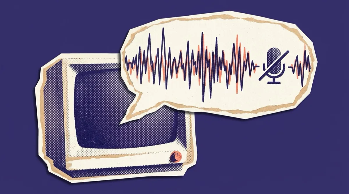 A monitor with a speech bubble of sound waves and a no-microphone icon, meaning automatic AI narration