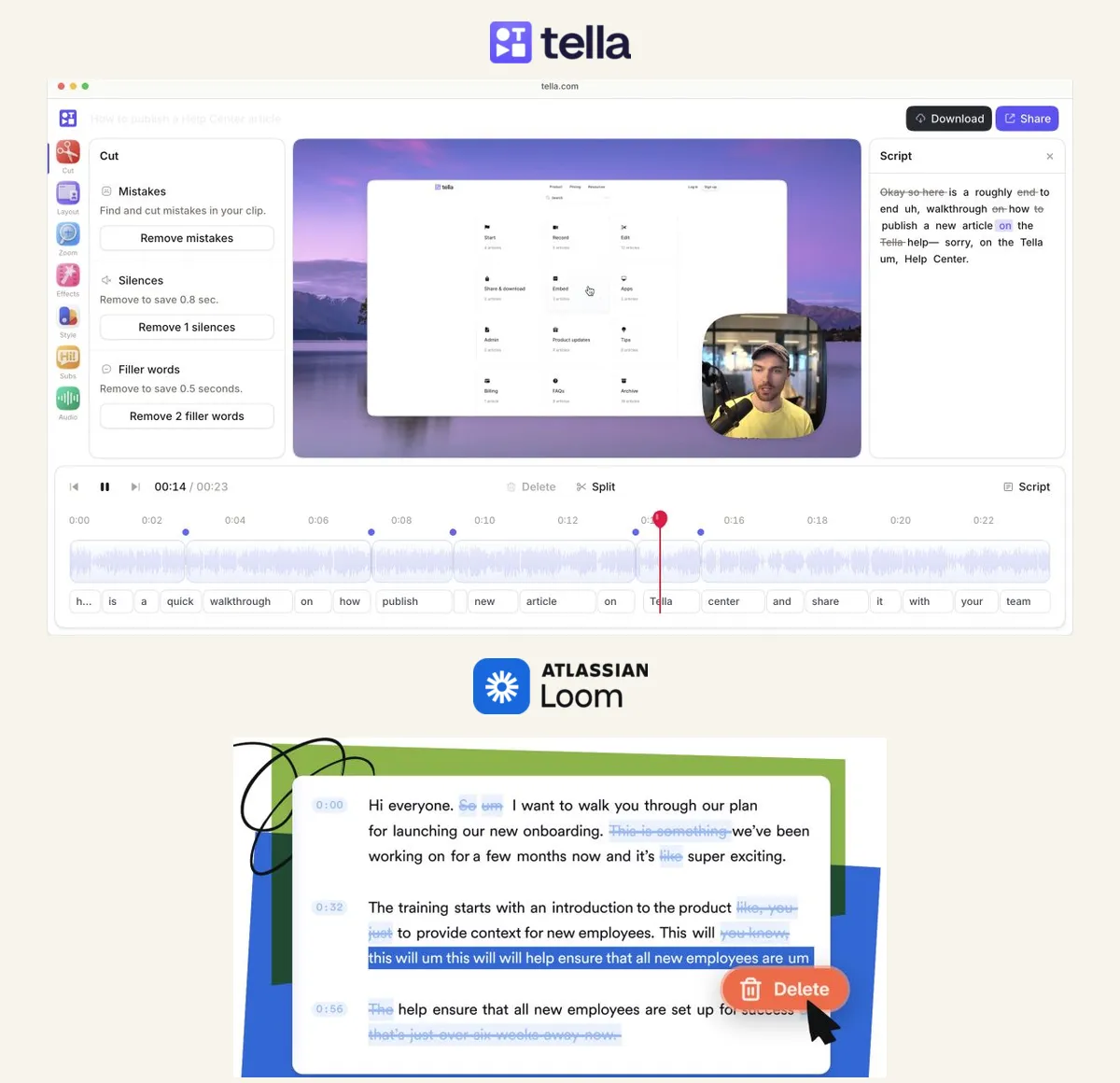 Tella's public editor demo and Loom's transcript-editing preview