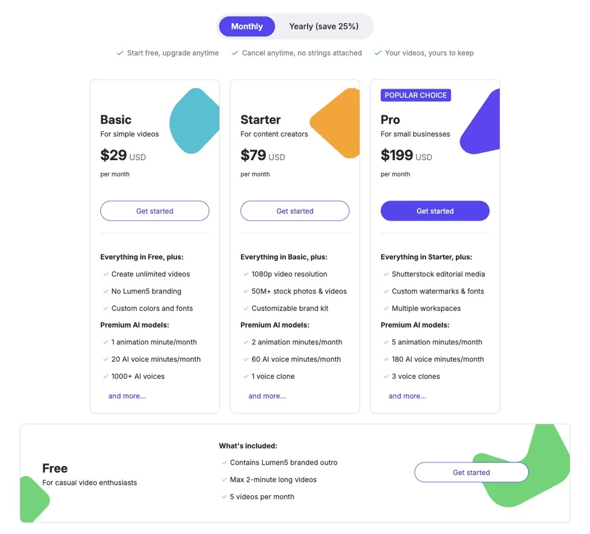 Lumen5's pricing page on 20 October 2026 in monthly billing, showing the Basic, Starter, Pro and Free plans
