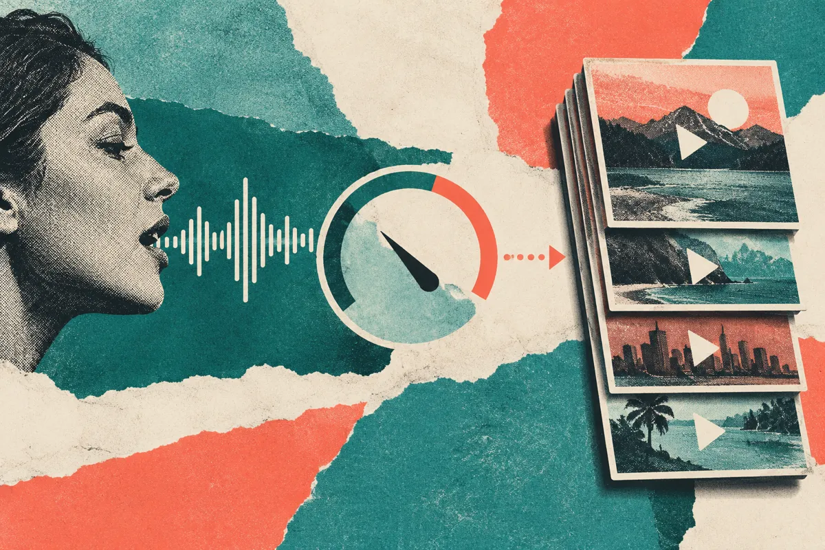 A risograph collage of a voice waveform passing through a usage meter into a stack of videos