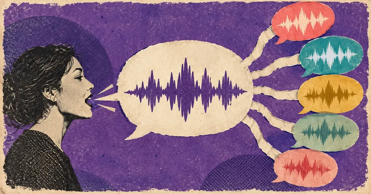 Riso collage of one speech bubble splitting into several language-coloured bubbles in the same voice