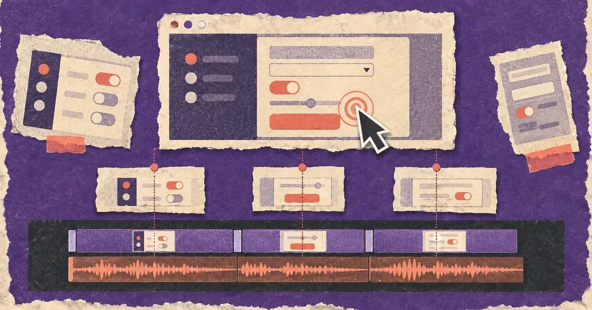 Riso collage of a timeline where narration blocks line up with cursor clicks on a screen