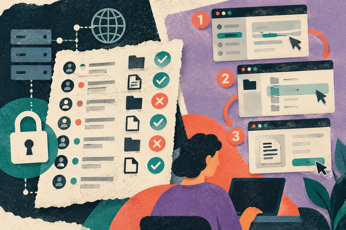 An access log on one side and a step-by-step visual walkthrough on the other