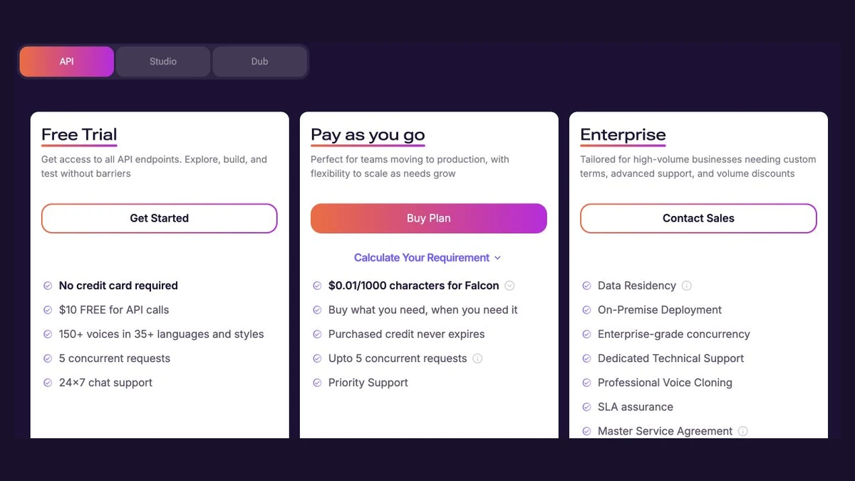 Murf AI's API pricing tab, read on 12 October 2026