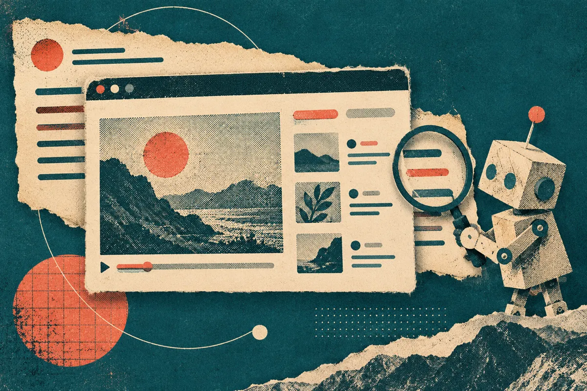 Riso collage of an iframe window on a web page, with a hidden paper text strip tucked behind it and a magnifier reading the strip