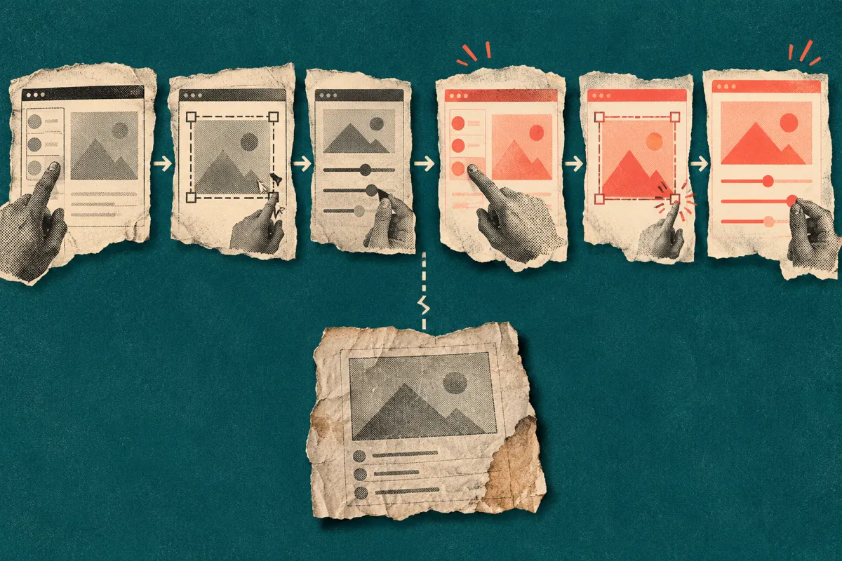 Riso collage of an interactive demo's steps changing while an old printed text copy stays the same