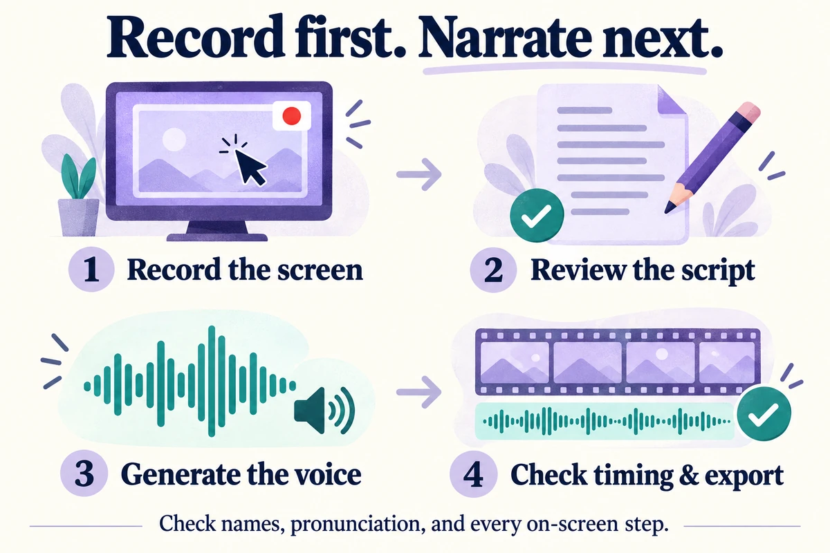 Four steps: record the screen, review the script, generate the voice, and check timing before export.