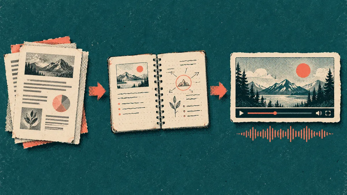 A stack of documents feeding into a notebook that outputs a narrated slide-style video