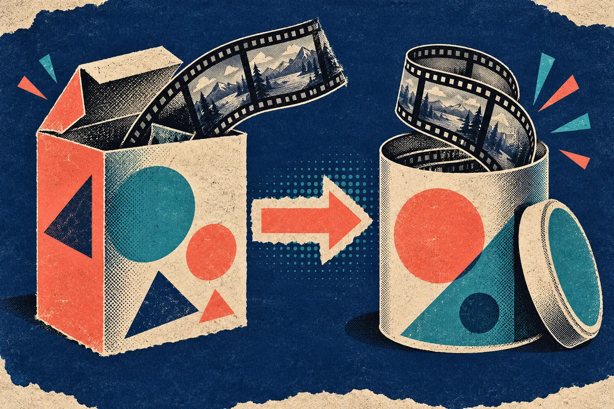 A film file box changing from one container shape into another, illustrating remuxing