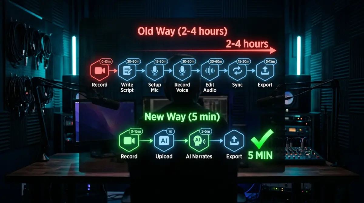 Side-by-side comparison of traditional screen recording workflow versus AI-narrated workflow