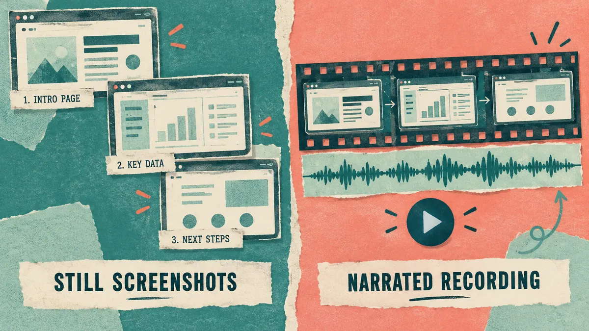 A step trail of titled screenshots compared with a continuous narrated screen recording