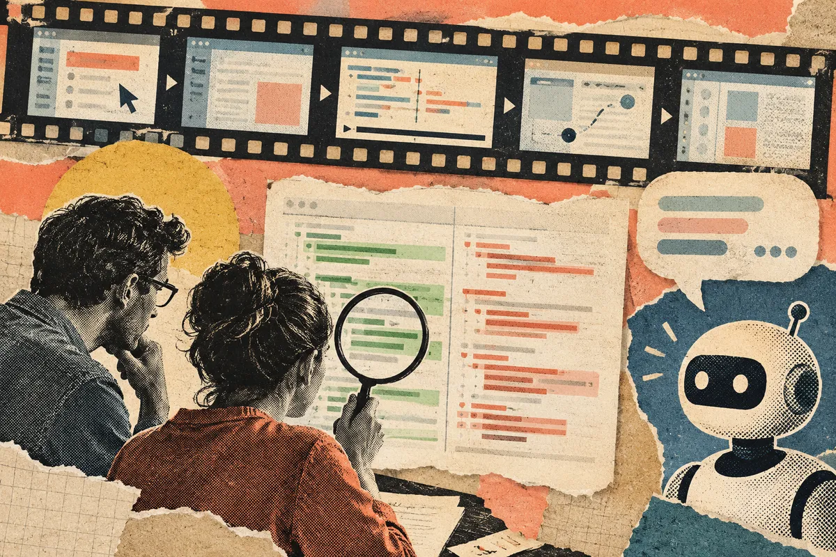 A filmstrip and a code diff sheet under a reviewer's magnifying glass, set apart from a robot's speech bubble