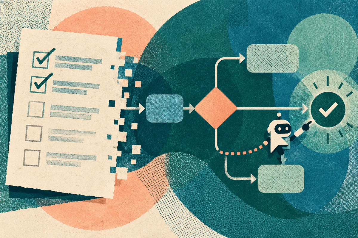 A checklist turning into a flowchart that a robot cursor follows, riso-collage style