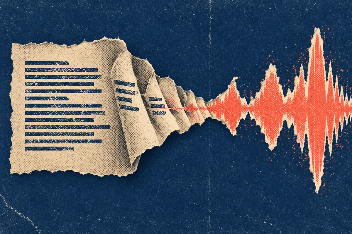Riso collage of a written voice description card turning into a sound wave