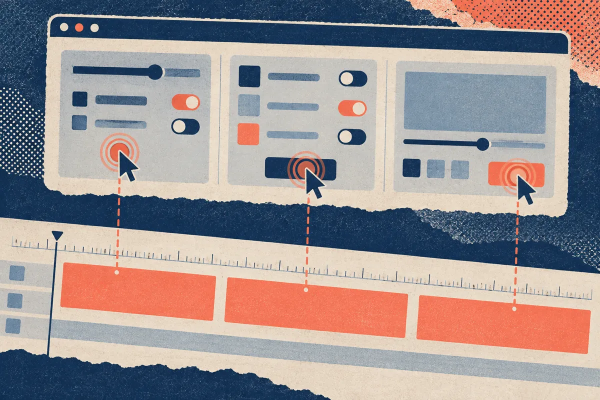 Riso collage of a timeline where narration blocks line up with cursor clicks on a screen