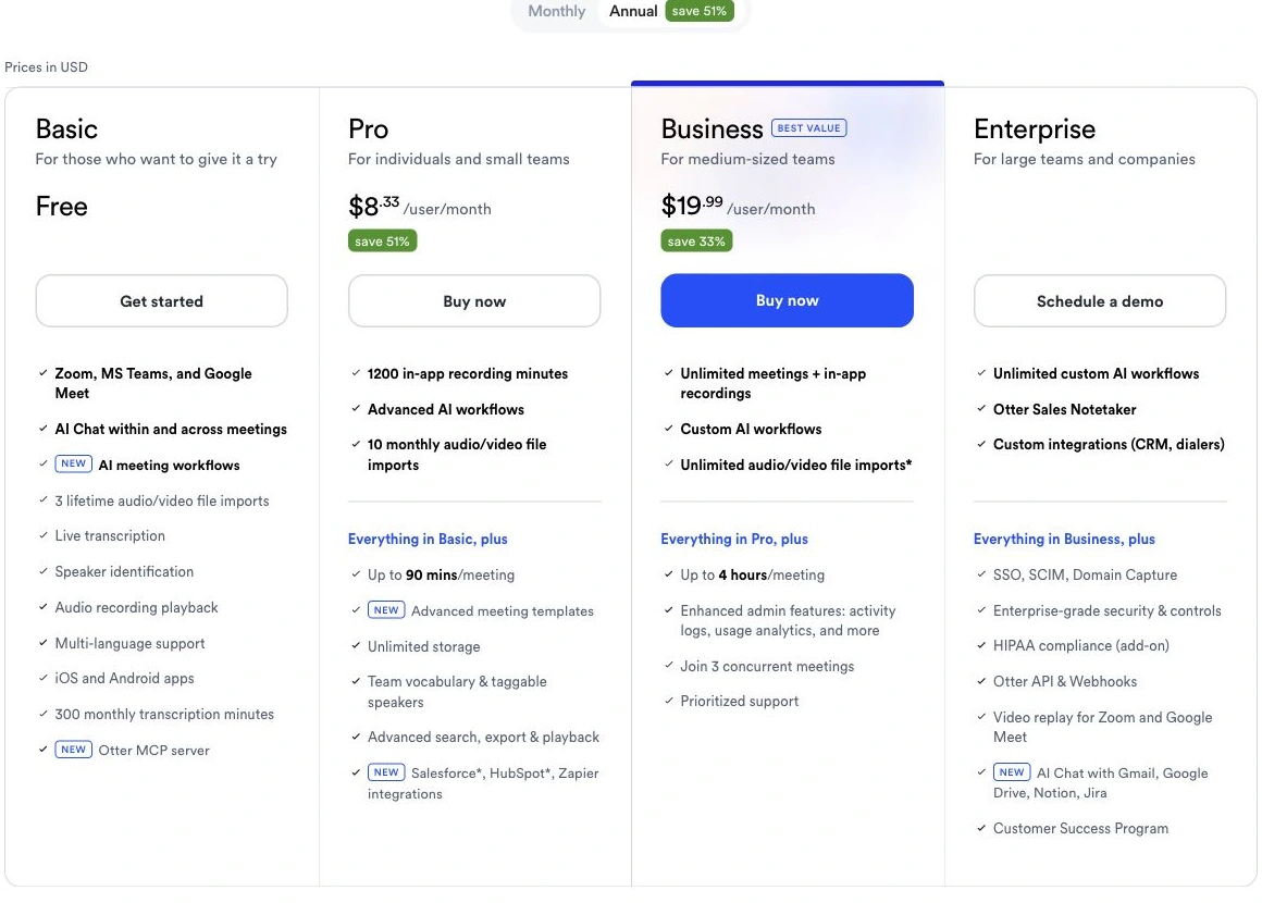 Otter.ai pricing cards for Basic, Pro, Business and Enterprise on annual billing