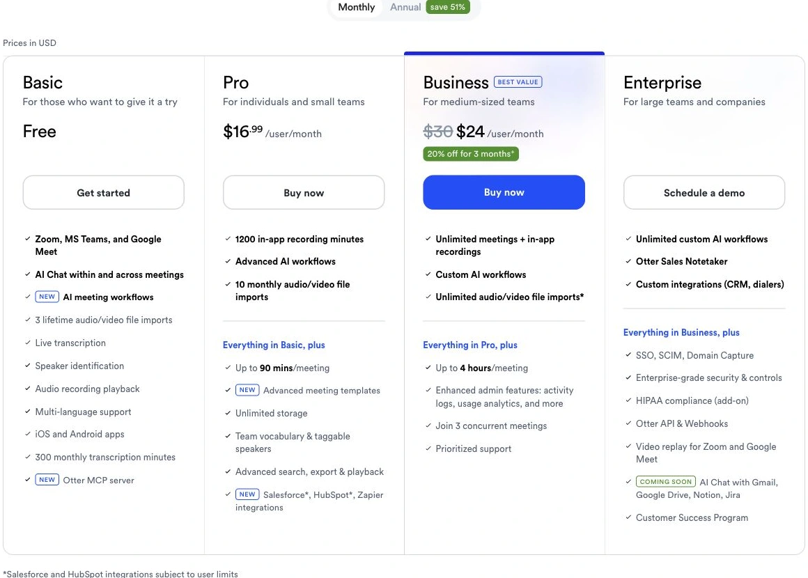 Otter.ai pricing cards for Basic, Pro, Business and Enterprise on monthly billing