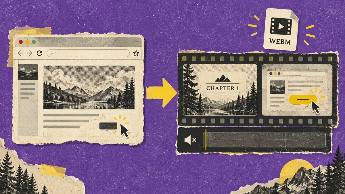 An agent-driven browser session recorded to video, with chapter cards and action callouts but no voice track