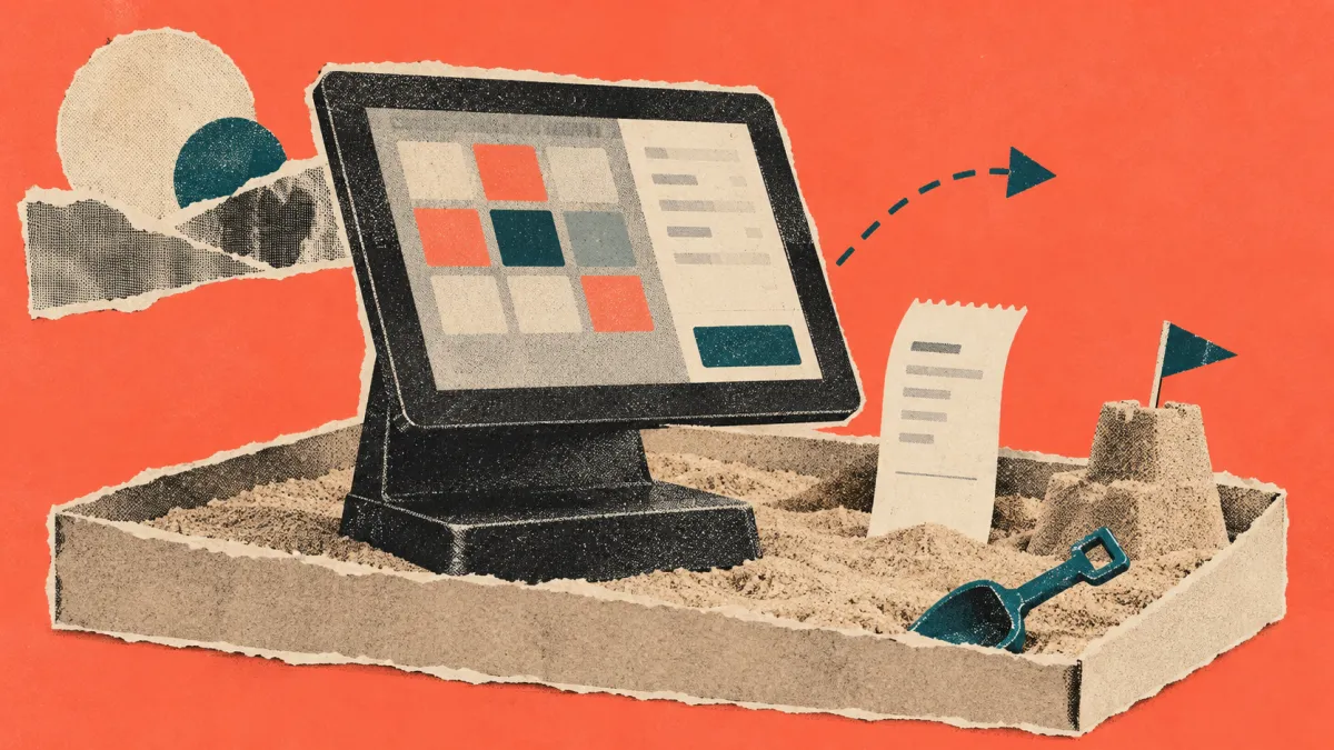 A point-of-sale terminal sitting in a sandbox, representing a safe practice environment