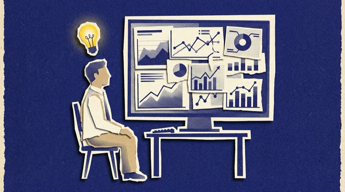 A person watching a chart dashboard with a lightbulb, understanding the data