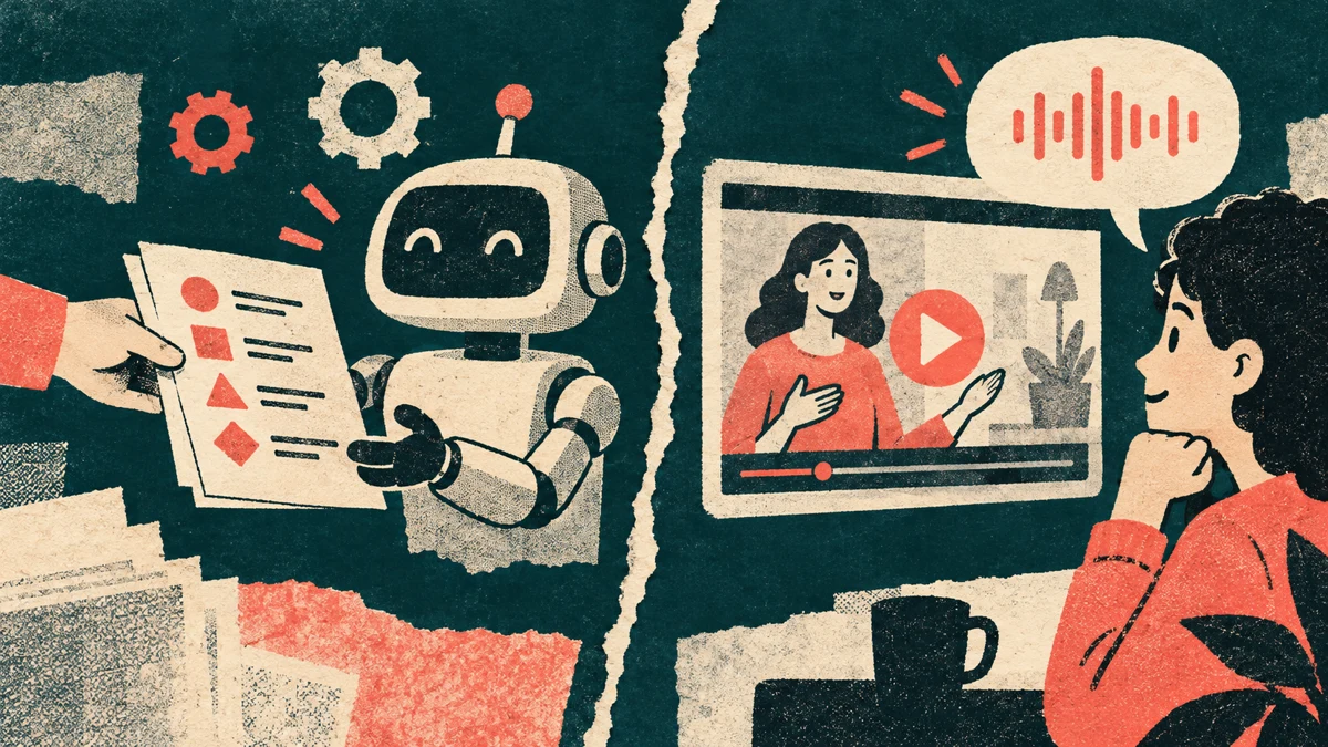 A risograph collage contrasting a skill file for an AI with a narrated video for a person
