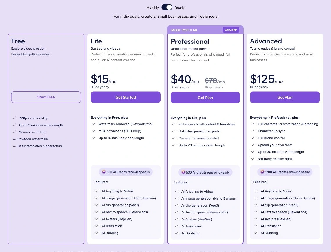 Powtoon pricing cards for Free, Lite, Professional and Advanced on yearly billing, with Professional shown at 43% off