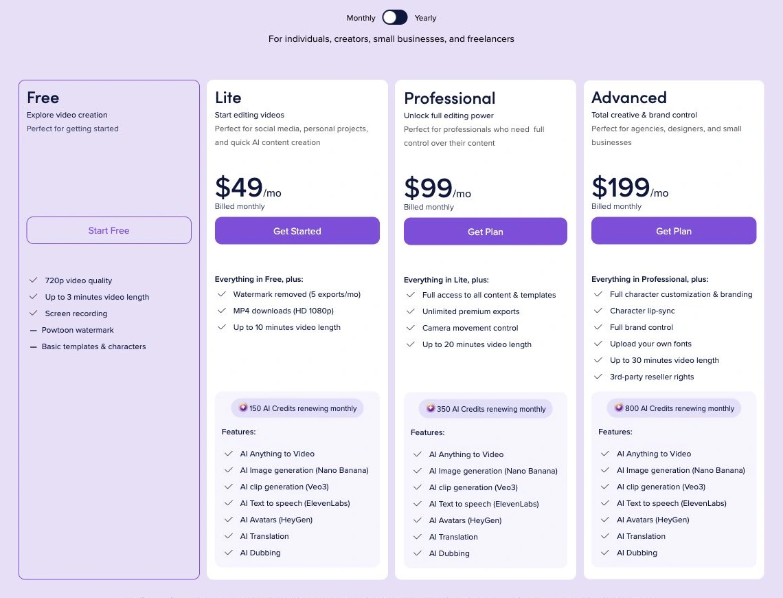 Powtoon pricing cards for Free, Lite, Professional and Advanced on monthly billing