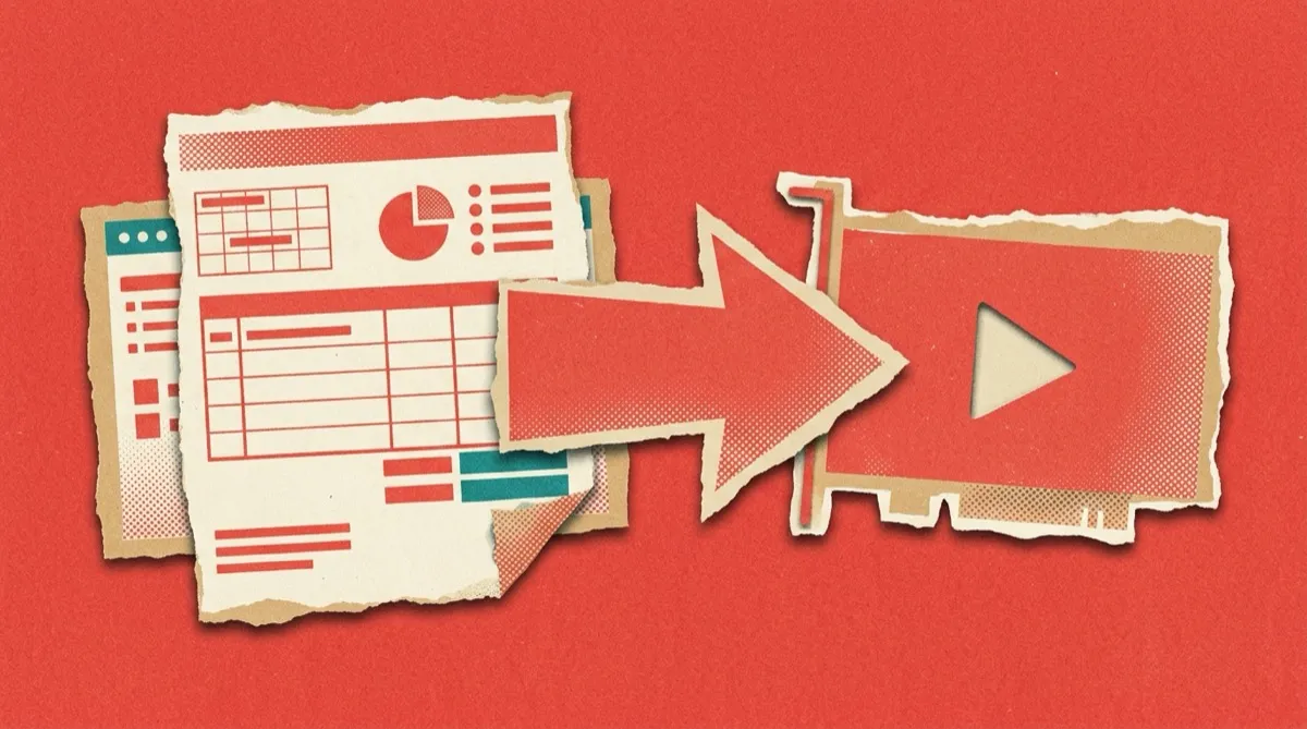 A QuickBooks invoice and ledger screen turning into a play-button video