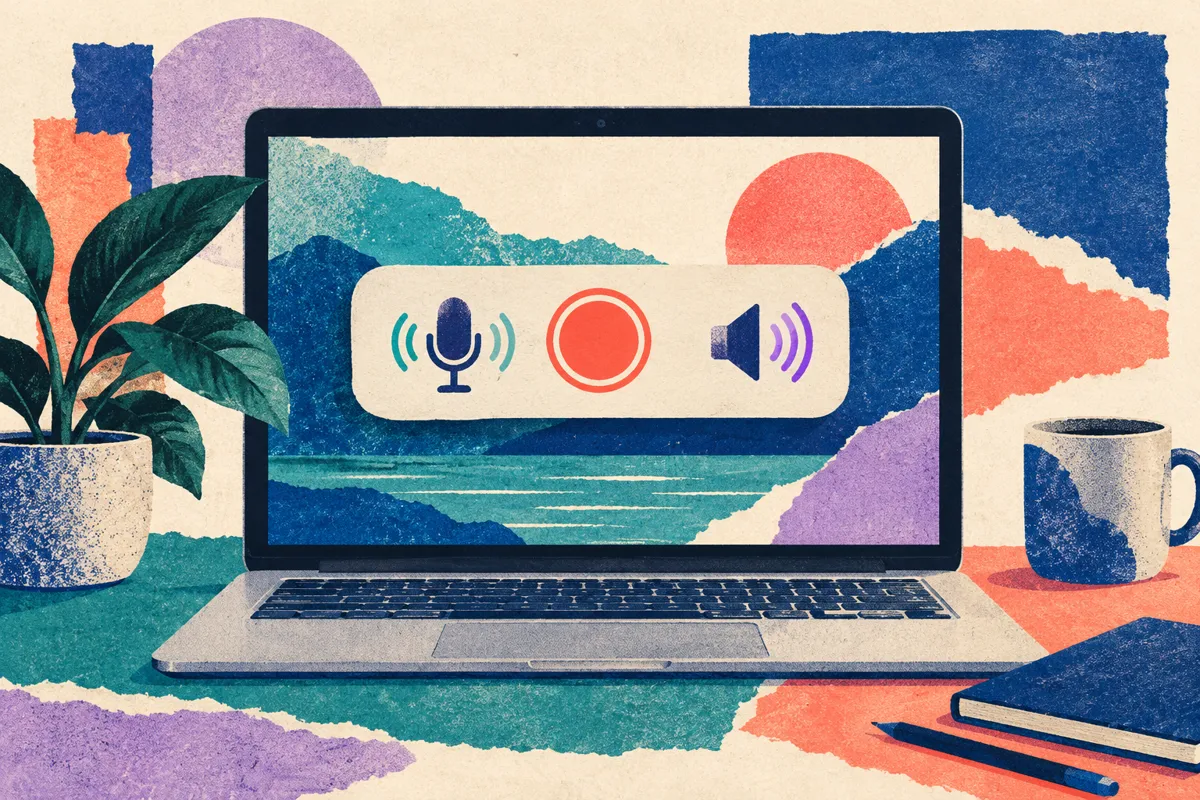 A Mac screen with a floating recording toolbar, a microphone and a speaker icon