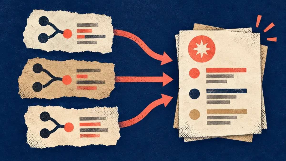 Illustration of pull-request cards flowing into a release-note document
