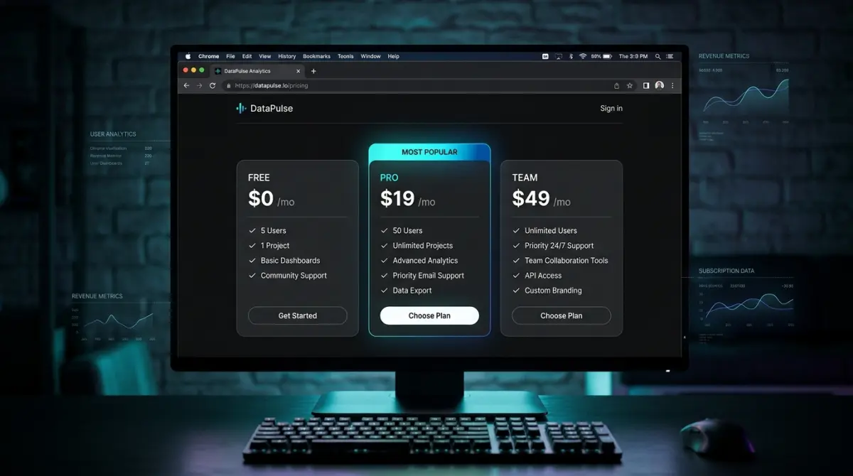 Pricing page with three SaaS tier cards