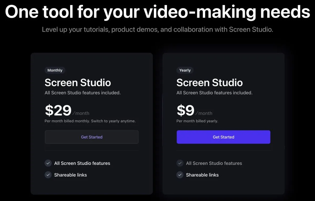 Screen Studio monthly and yearly pricing