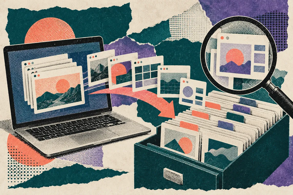 A risograph collage of a laptop with a stack of screenshot cards feeding into a searchable index