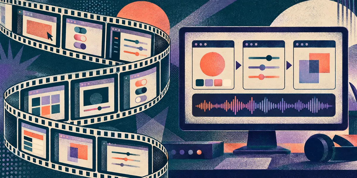 A risograph collage contrasting a long scroll of timeline thumbnails with a short narrated lesson on a single screen