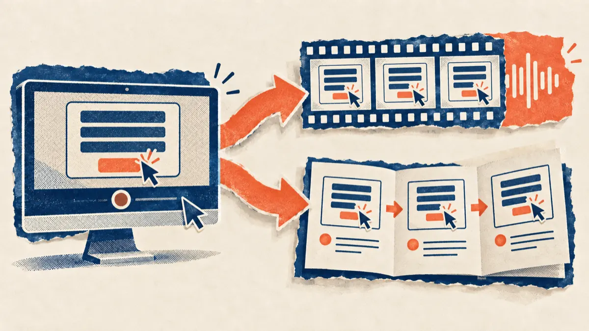 One recording producing a narrated video and a written guide