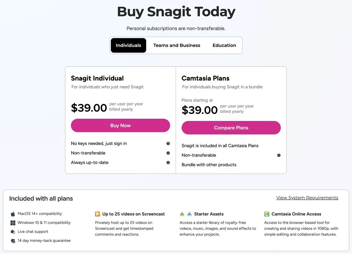 Snagit plan tiers and what each includes
