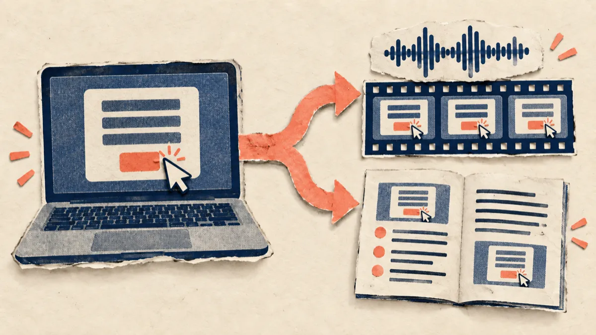 A silent recording becoming a narrated tutorial and a written help article