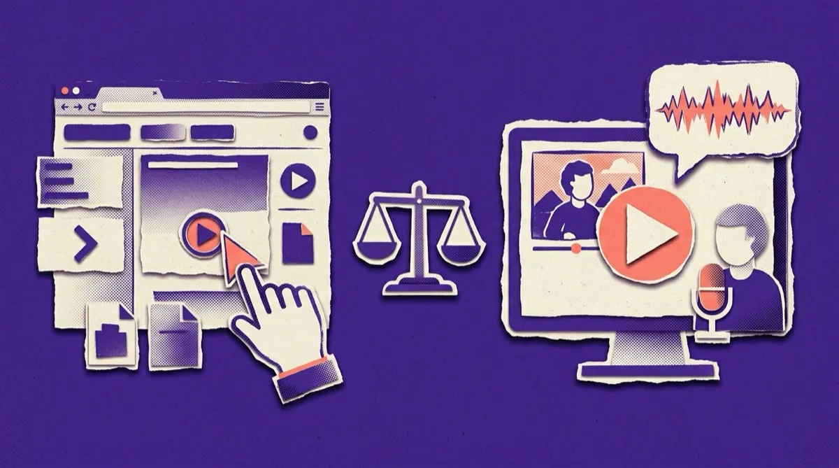 A split scene: an interactive click-through demo vs a narrated video, a balance scale between