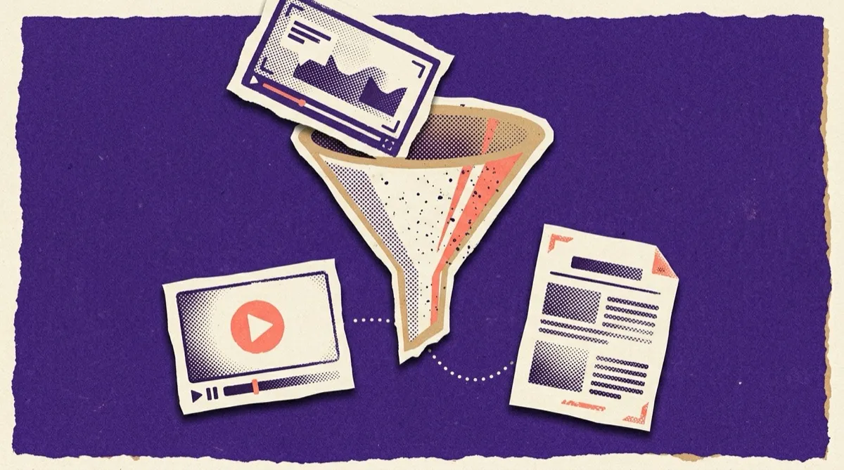 A recording dropping into a funnel that outputs a video and an article