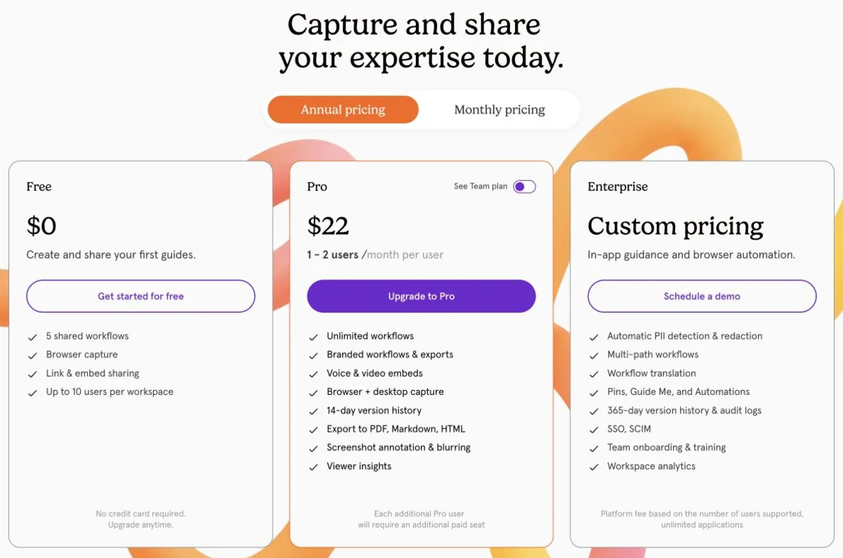 Tango Pro pricing at one to two users, billed annually