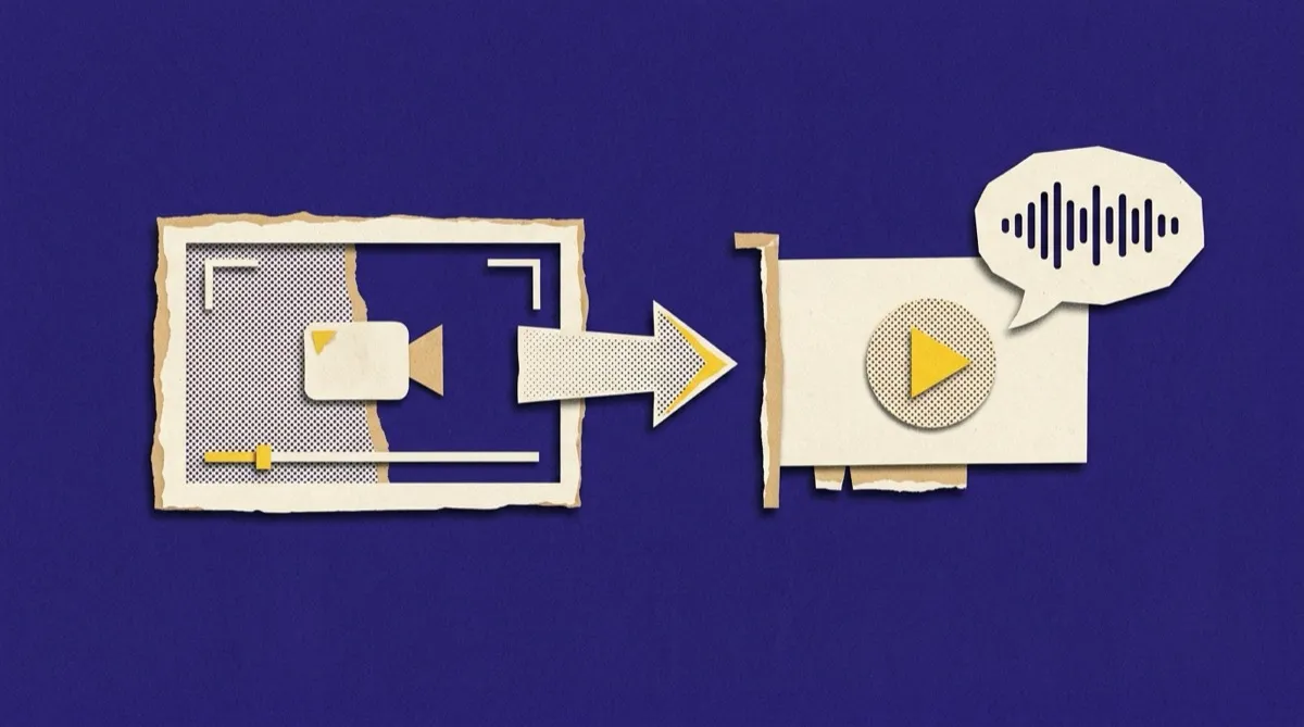 A pipeline: a screen recording turning into a narrated video with a sound-wave speech bubble