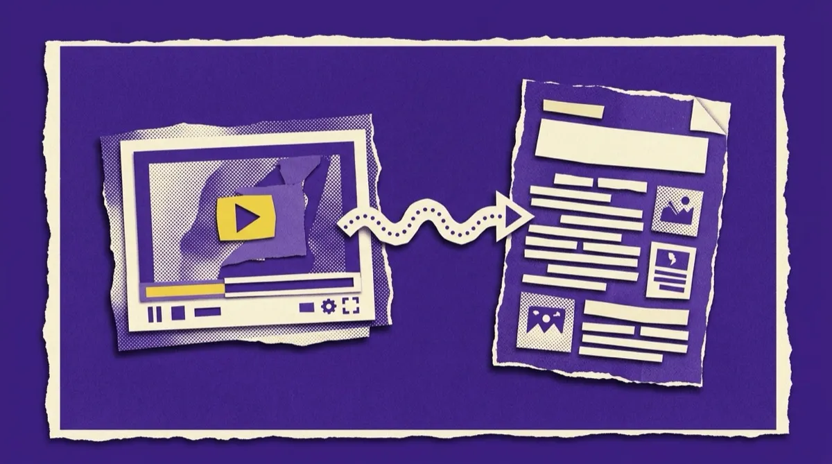 A video player on the left connected by an arrow to a written article page on the right