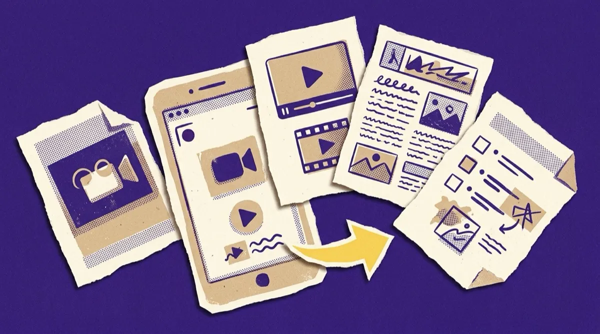 One central recording fanning out into a video card, an article page, and a checklist