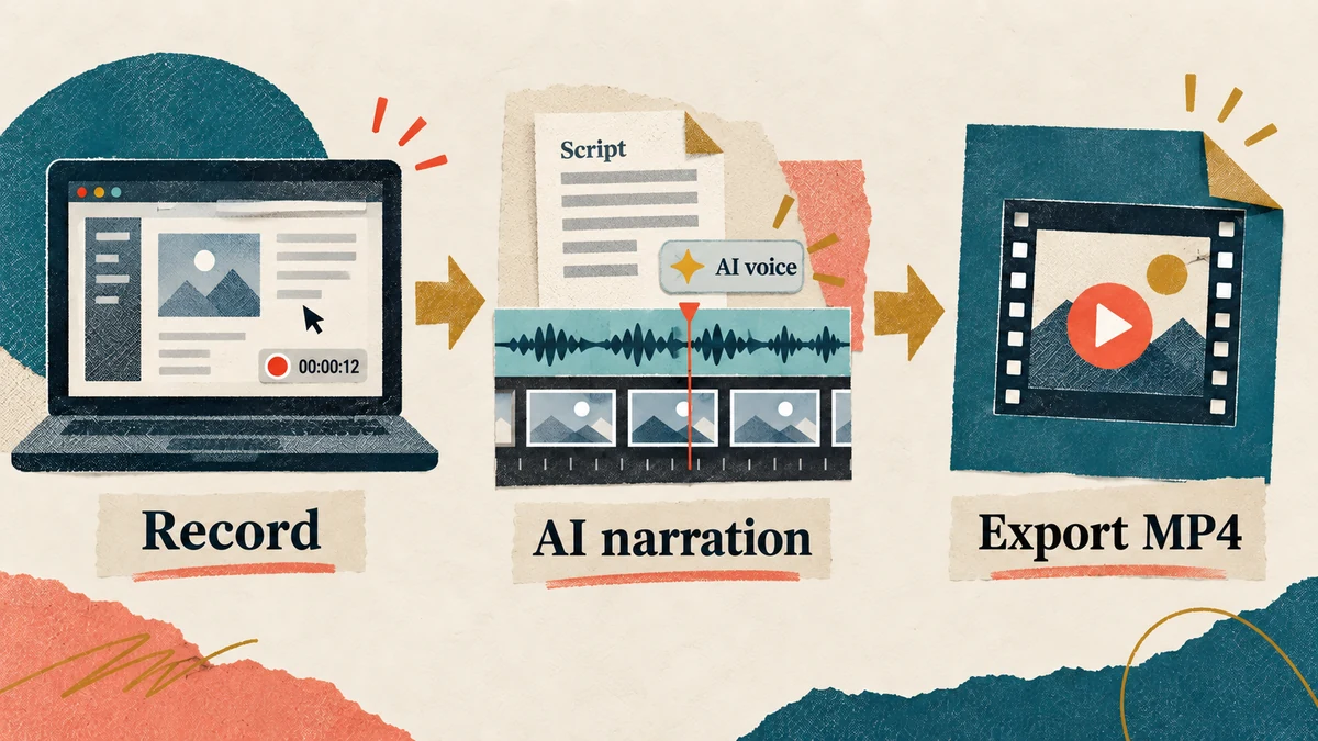 A screen recording turning into a narrated tutorial file ready for any video host