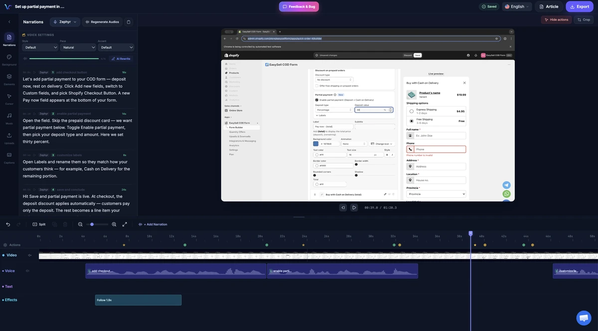 Vorec editor with a narration sidebar, a Shopify tutorial preview, and separate video, voice, text, and effects tracks.